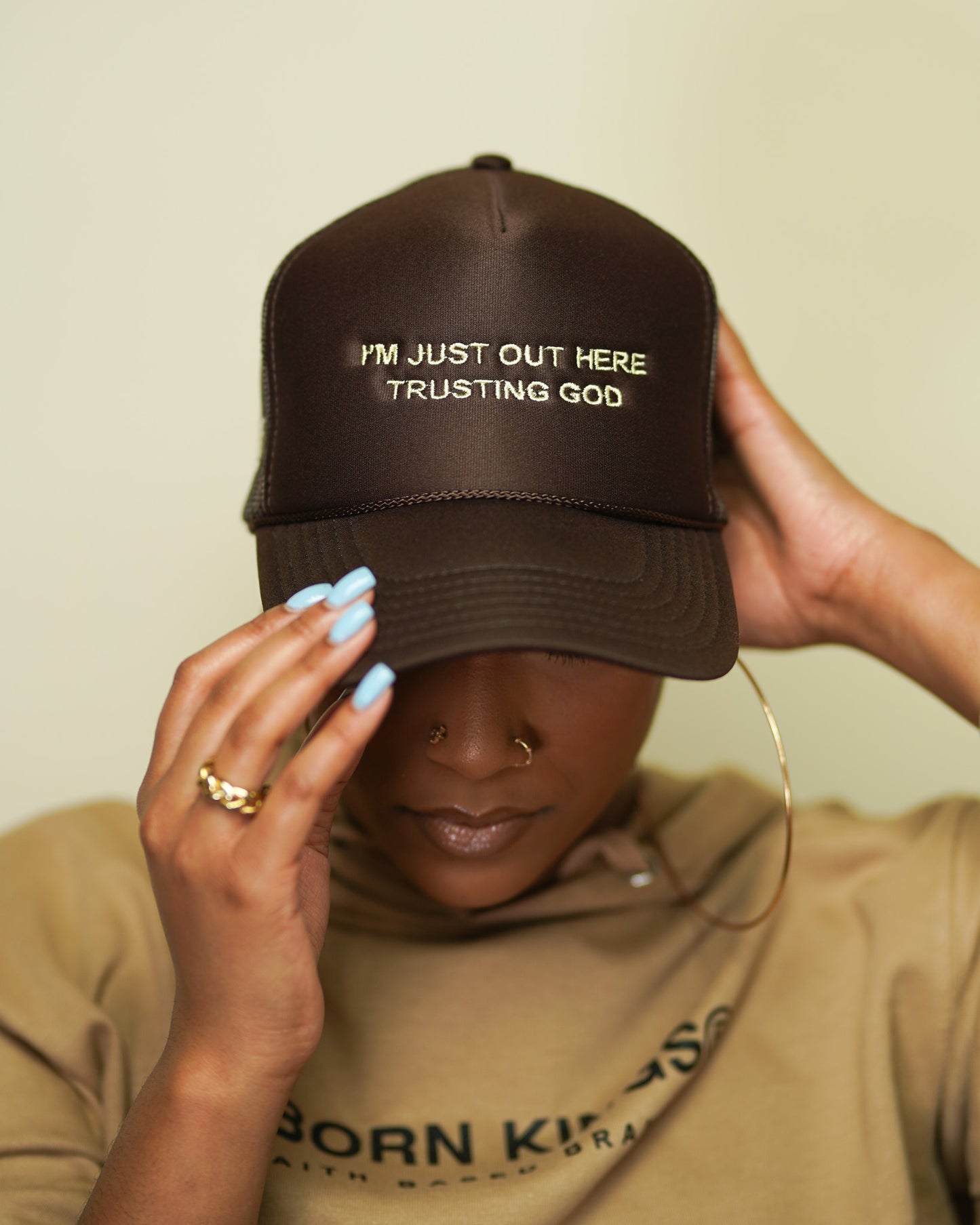 Trusting God Trucker Hat in Brown