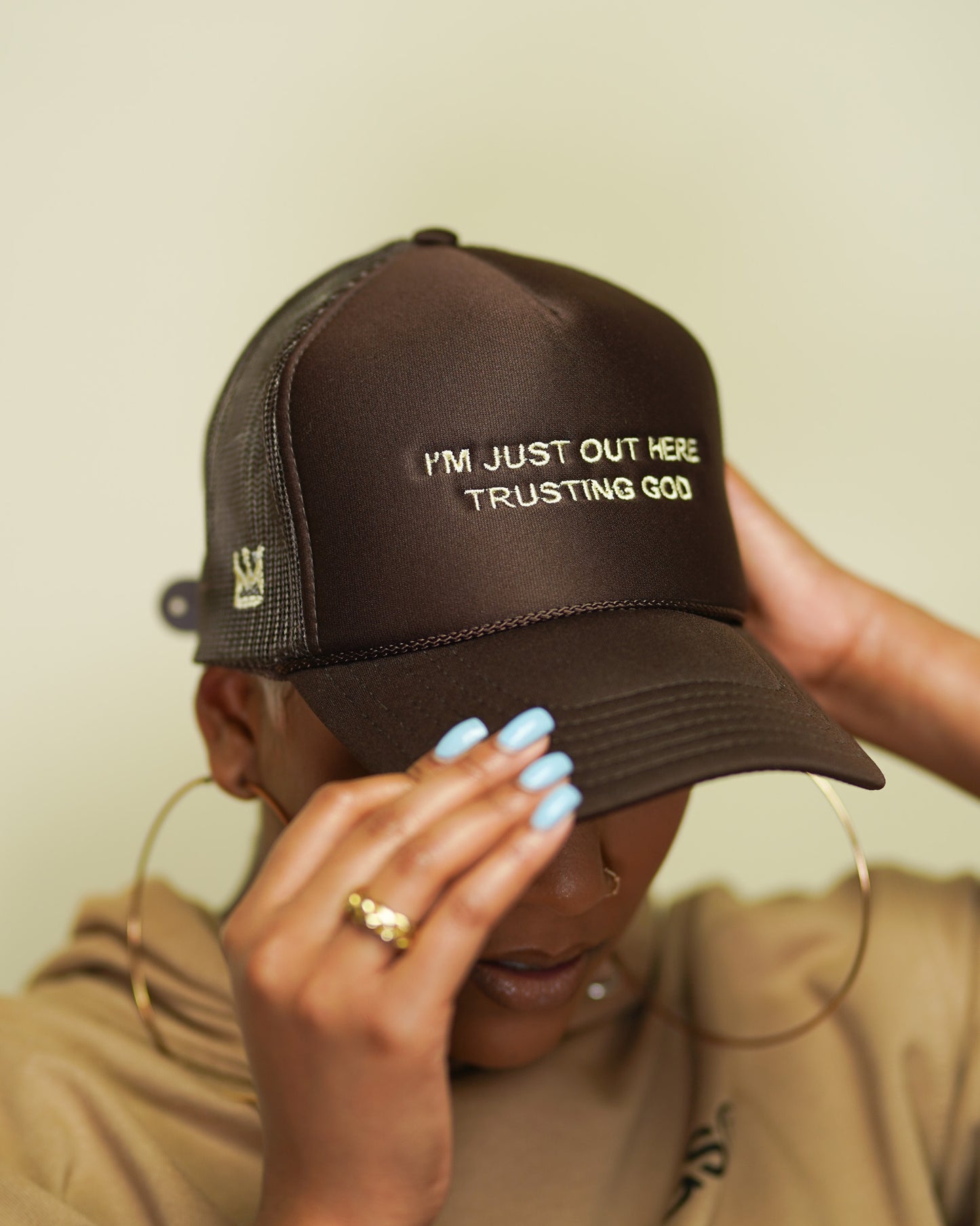 Trusting God Trucker Hat in Brown